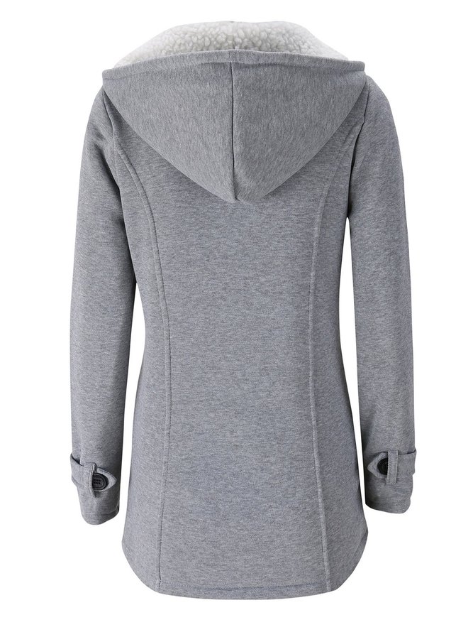 Women Horn Button Coton Fleece Hooded Duffle Coat